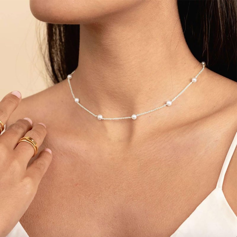 PRTGL Store Pearl Necklace: 14K Gold-Plated/White Gold-plated Pearl Necklace for Women 16.5” + 2” - Image 2